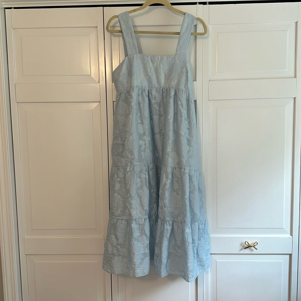 Amanda Uprichard Pale Blue Jacquard Tiered Midi Dress